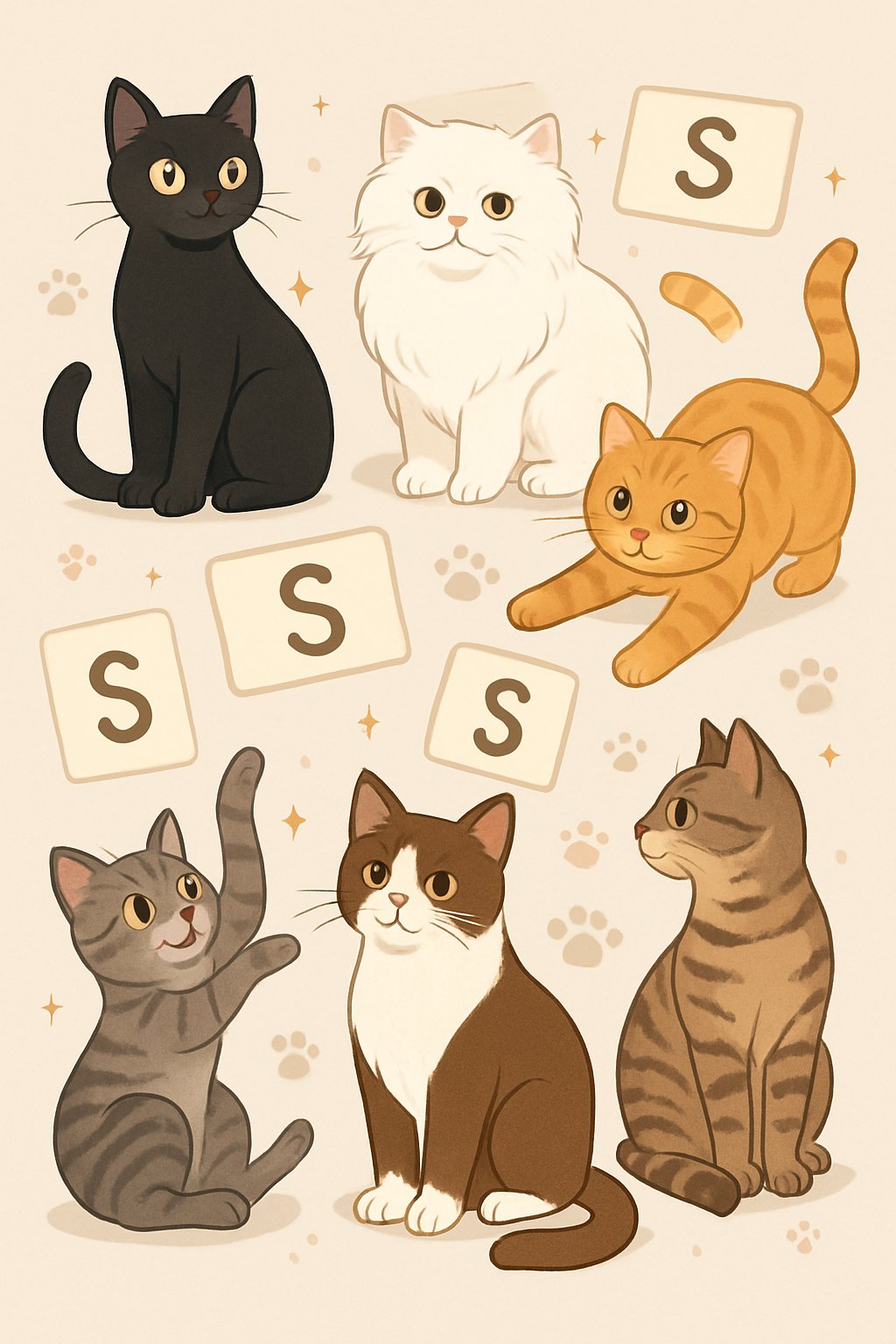 A group of diverse cats surrounded by floating name tags starting with the letter S in a warm, inviting setting.
