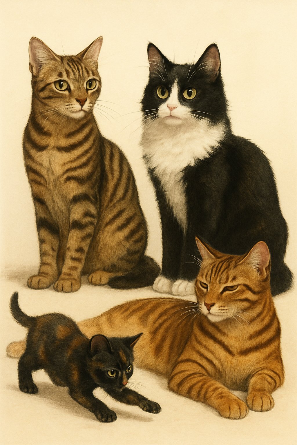 A group of different cats with various fur patterns and colors, including tabby, tuxedo, tortoiseshell, and tiger-like markings, shown in natural poses against a simple background.