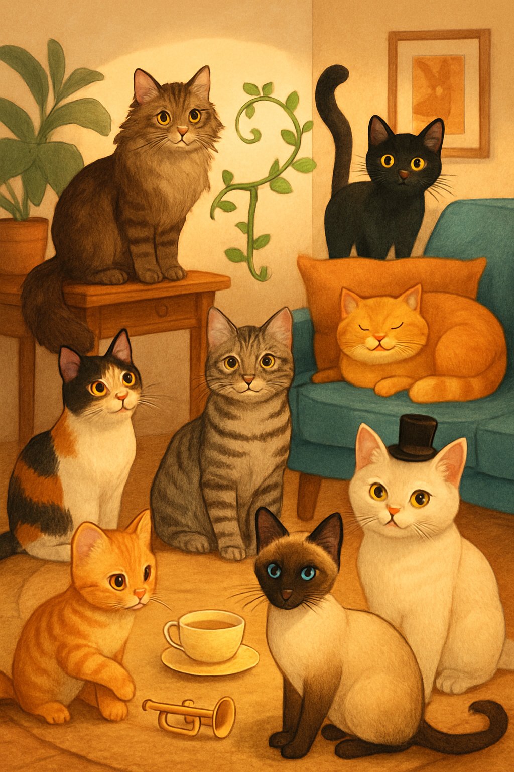 Several cats in a cozy room playing with toys and objects shaped like the letter T.