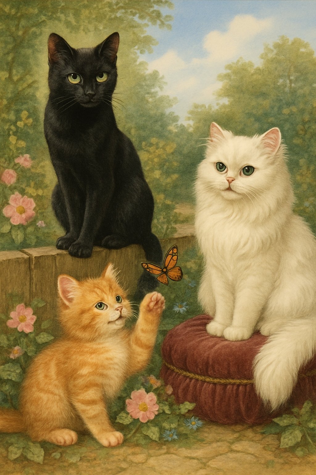 A group of cats in a garden, including a black cat on a fence, an orange tabby playing with a butterfly, and a white Persian sitting on a cushion.