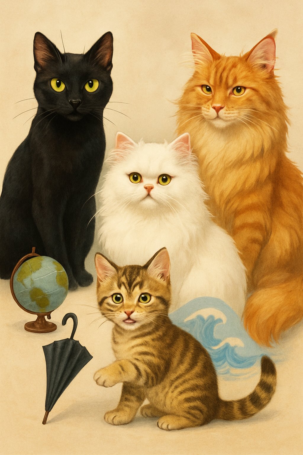 A group of different cats with varied fur colors and patterns, each shown in lively poses with subtle objects around them related to their names.