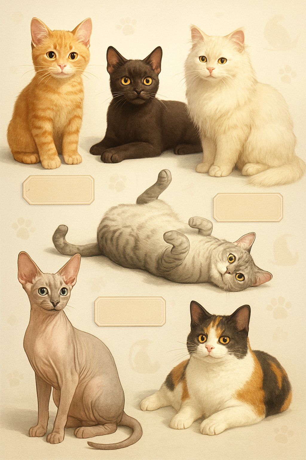 A group of different cats in playful and relaxed poses with subtle name tag shapes around them, set against a soft, patterned background.