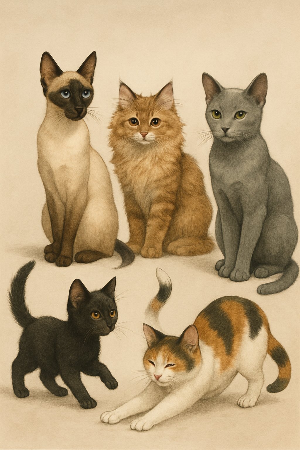 Five cats of different breeds and colors arranged together, each showing unique poses and expressions against a simple background.