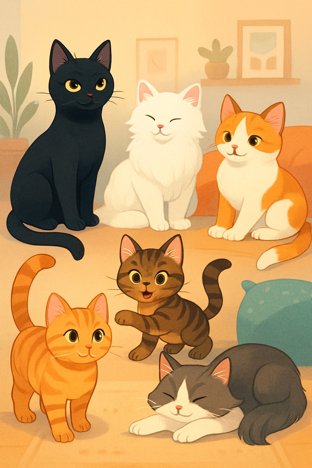 A group of different cats in a cozy indoor setting, each with unique colors and patterns, representing cat names starting with the letter V.