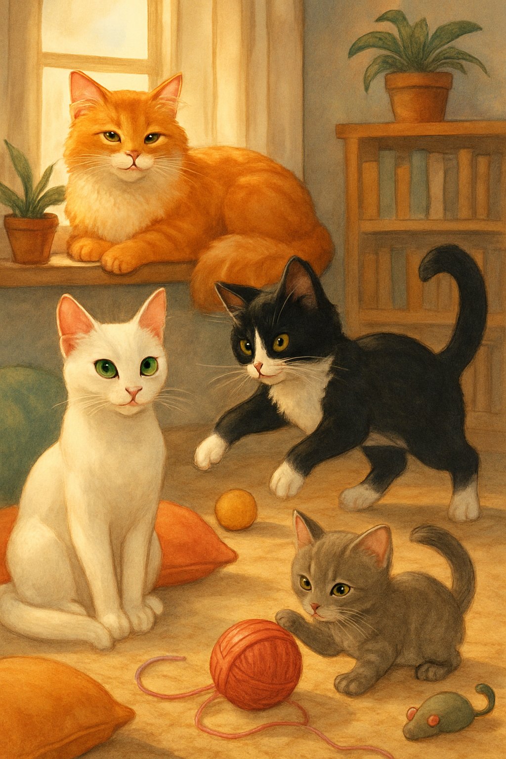 A cozy room with four cats named Willow, Winston, Whiskers, and Waffles, each with different colors and poses, surrounded by cushions, toys, and plants.