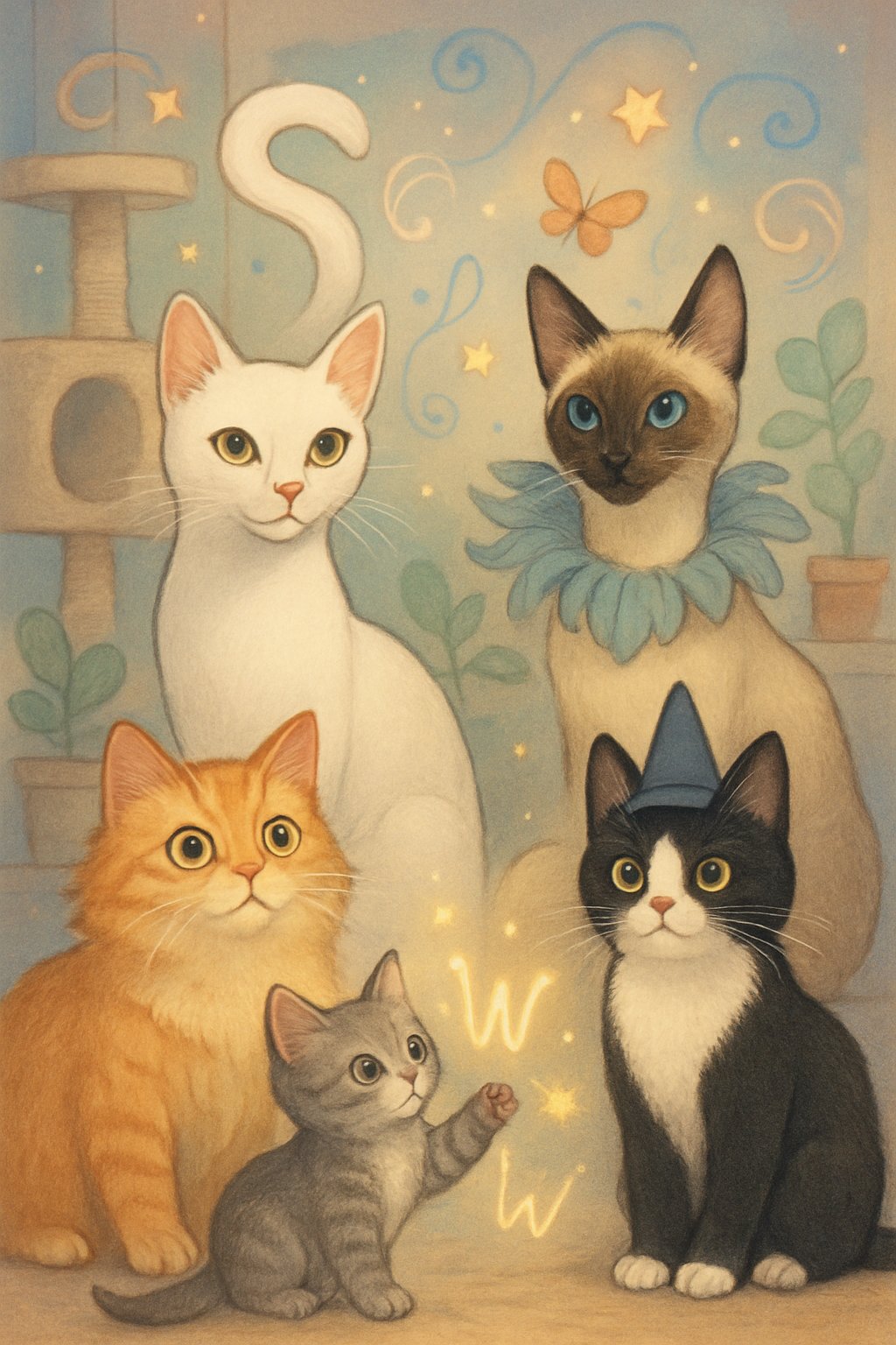 A group of playful and uniquely designed cats in a cozy room with whimsical decorations and glowing letter shapes.