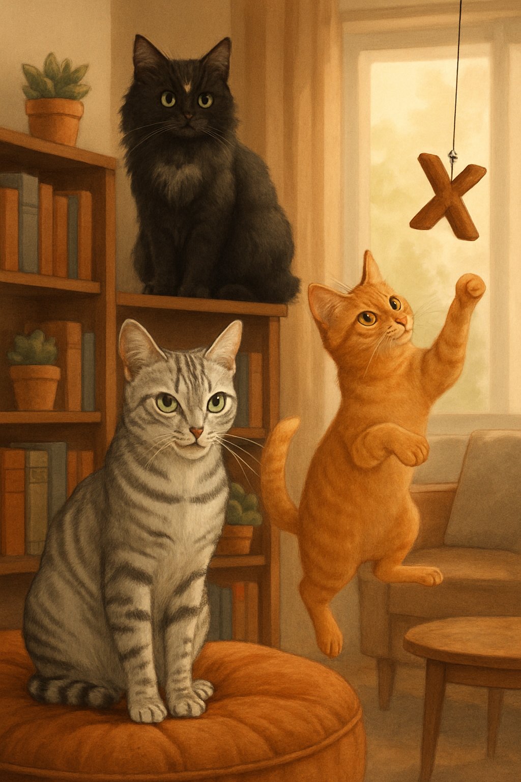 Three cats in a cozy living room: a silver tabby on a cushion, a black cat with white markings on a bookshelf, and a ginger cat playing with a hanging toy.