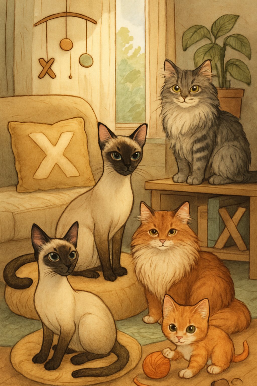 A cozy indoor scene with several cats of different breeds playing and resting among cushions, toys, and plants, with subtle decorations shaped like the letter X.