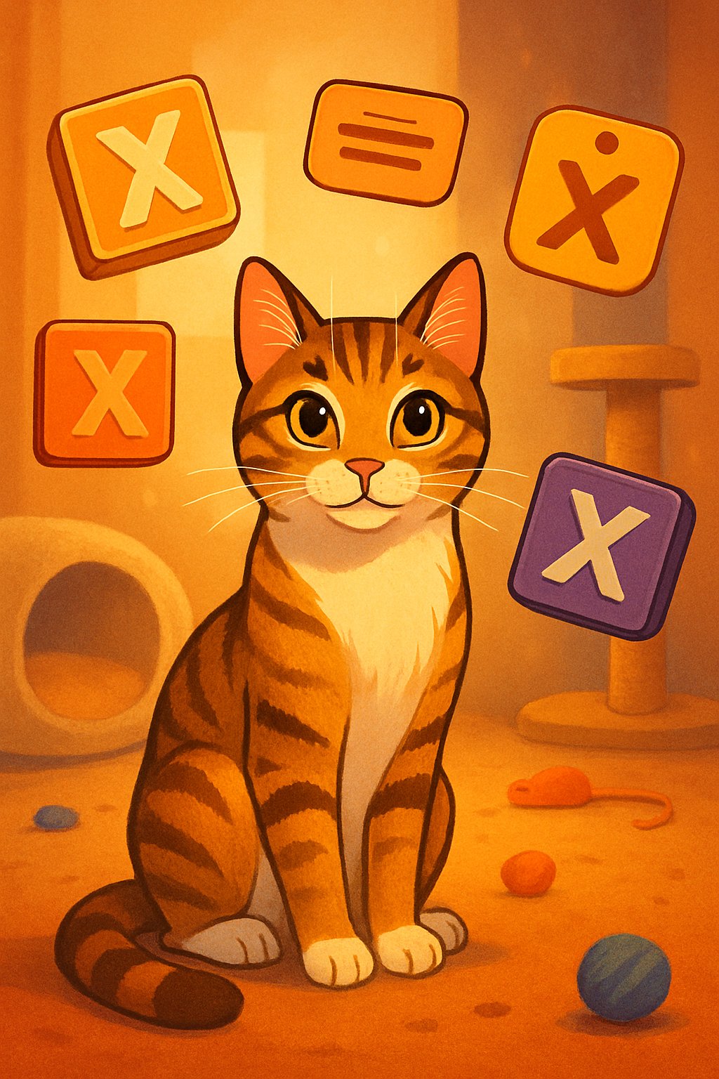 A cat sitting in a cozy room surrounded by playful letter blocks and name tags all themed around the letter X.