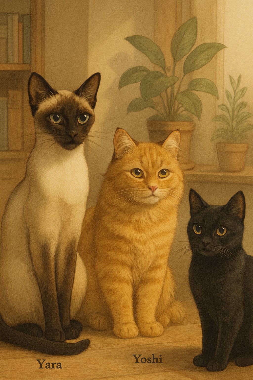 A group of three cats named with words starting with Y, including a Siamese, a yellow tabby, and a black cat, sitting together in a cozy indoor space with plants and bookshelves.