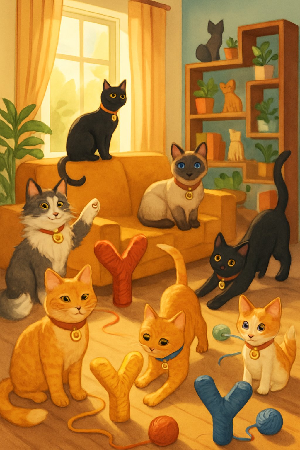 A cozy room with several cats wearing collars with name tags starting with the letter Y, playing with yarn balls shaped like Y, surrounded by plants and cat-themed decor.