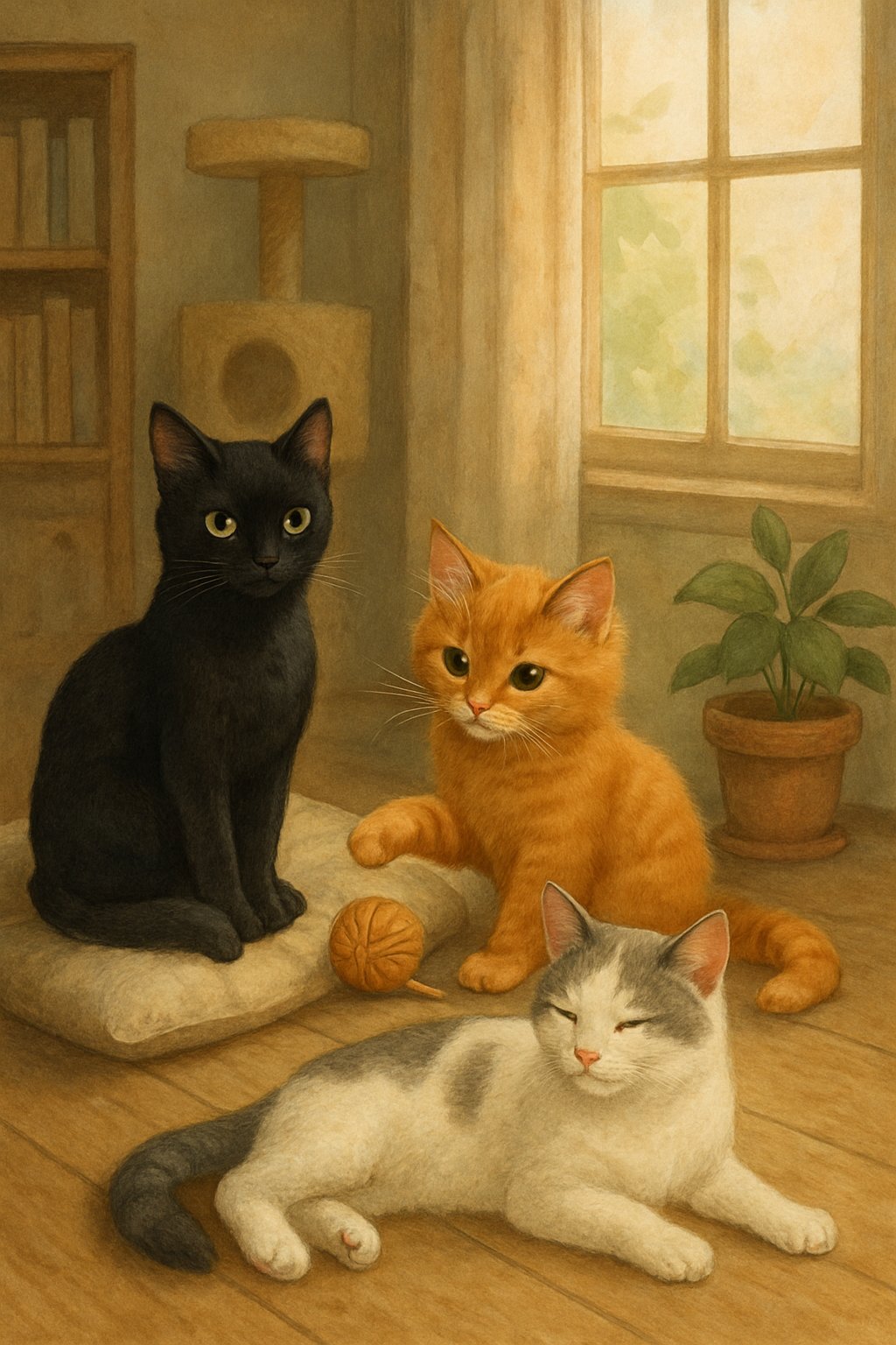 Three cats in a cozy indoor room with a window, a cushion, a ball of yarn, a potted plant, and a bookshelf.