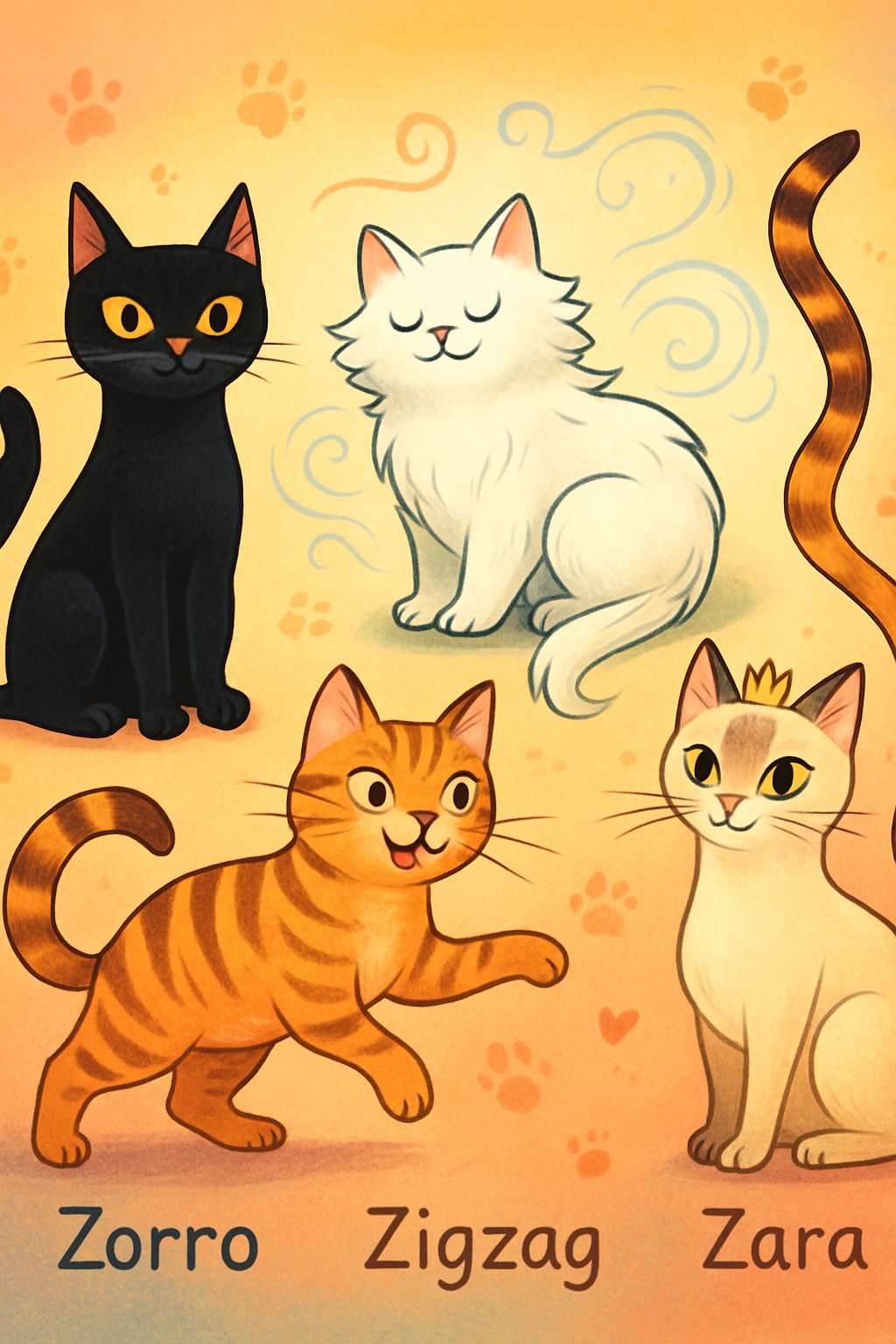 Several cats with different colors and patterns are gathered together, each with unique features suggesting names starting with the letter Z, set against a warm, softly colored background.