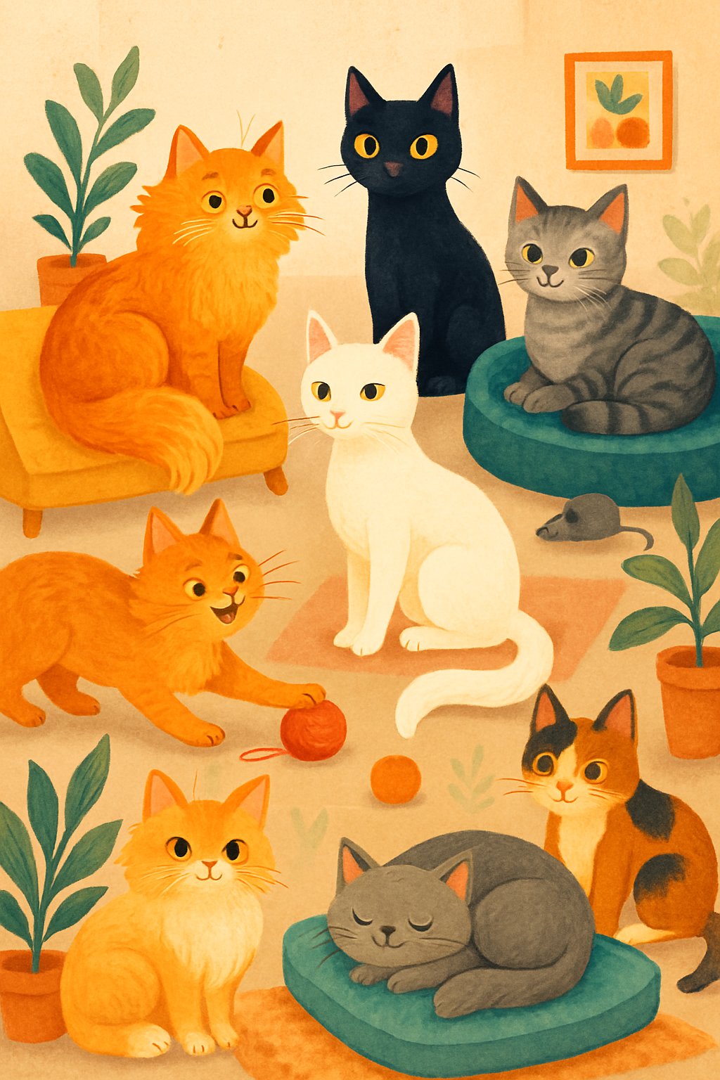Several cats of different colors and poses in a cozy indoor setting, representing cat names that start with the letter Z.