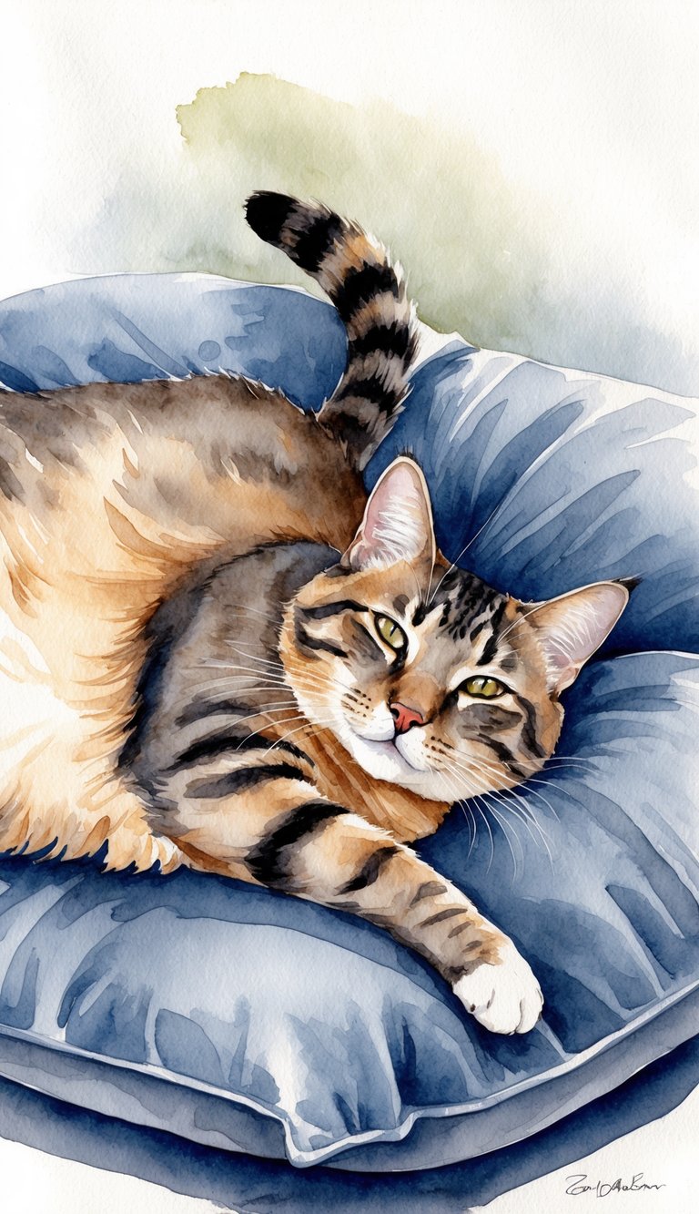 The cat lays on a soft cushion, eyes half-closed, with a gentle tail swish, indicating relaxation