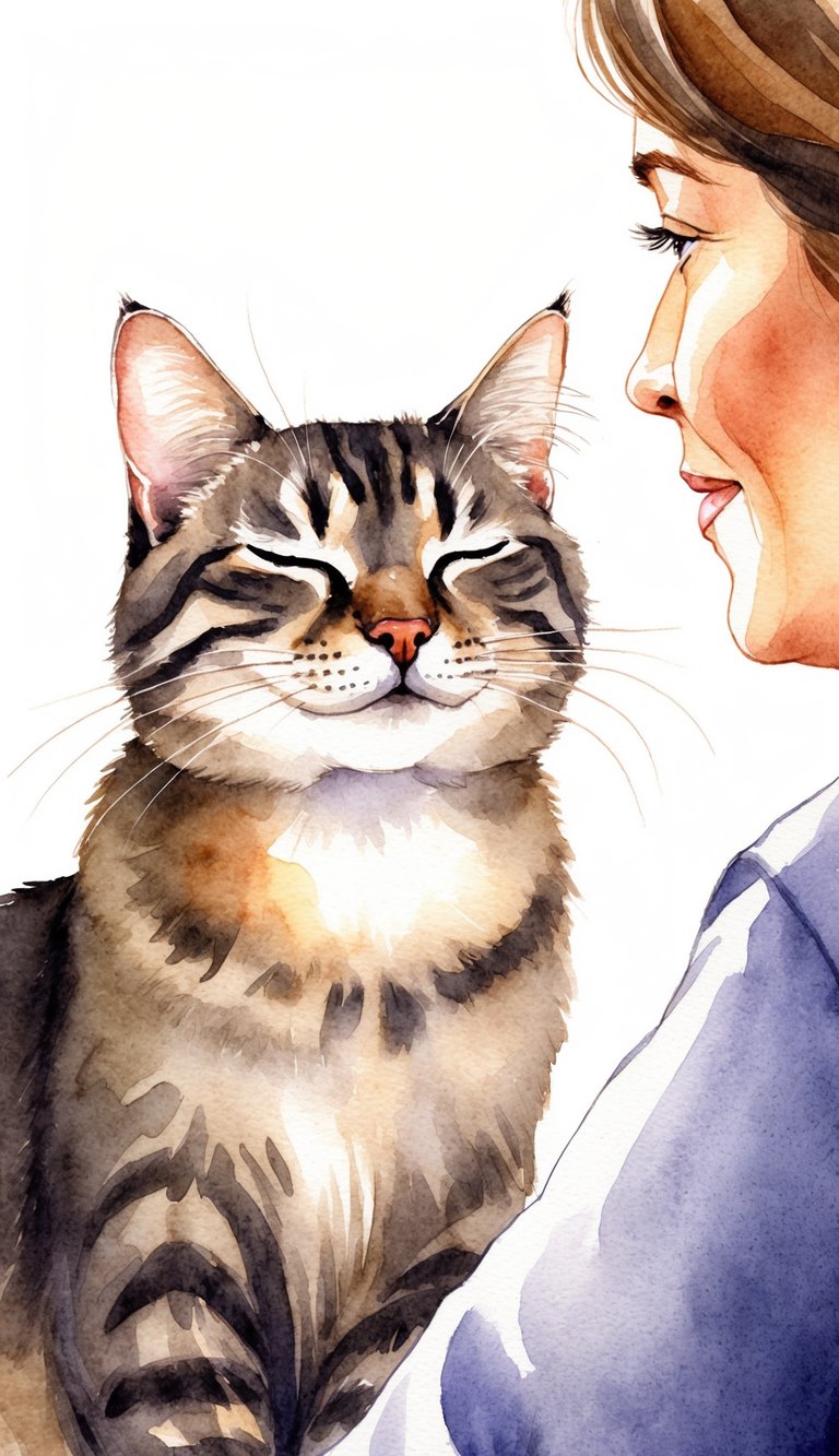A cat with half-closed eyes and a relaxed body posture, gazing contentedly at its owner