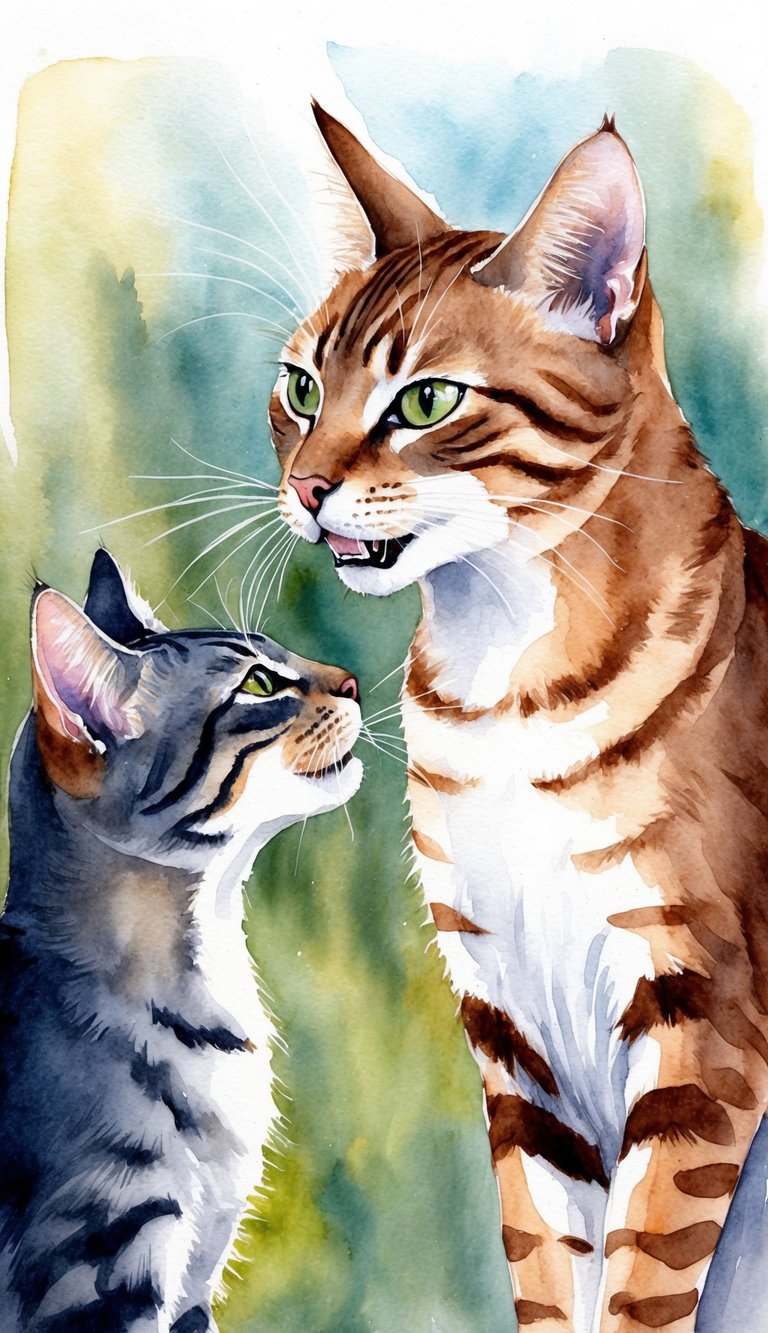 A cat with flat ears and narrowed eyes, hissing at another cat in a defensive stance