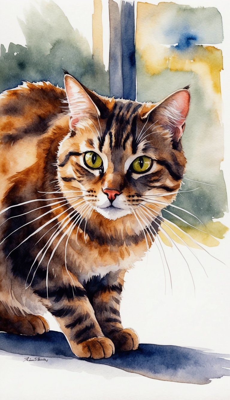 A cat with forward whiskers, crouched and focused on an object in the distance