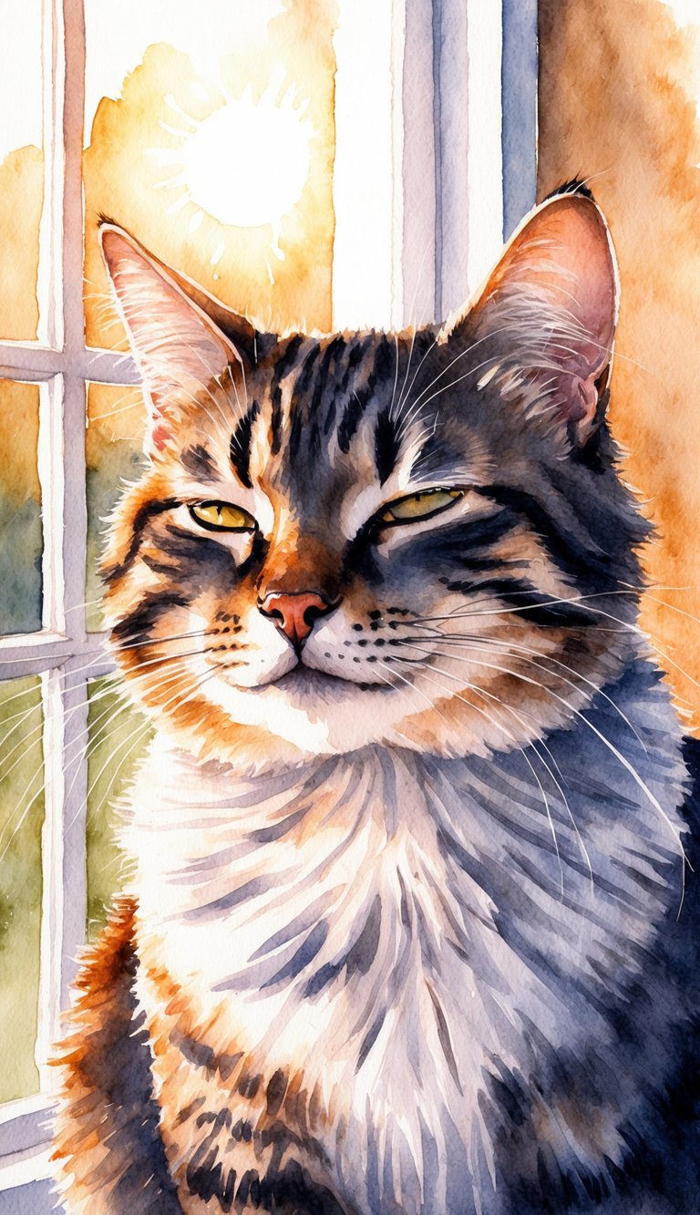 A cat with half-closed eyes, purring softly, basking in the warm sunlight streaming through the window, exuding pure feline contentment