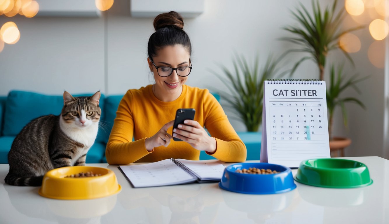 A cat sitter checking in on a phone with a calendar and notes, surrounded by cat toys and food bowls