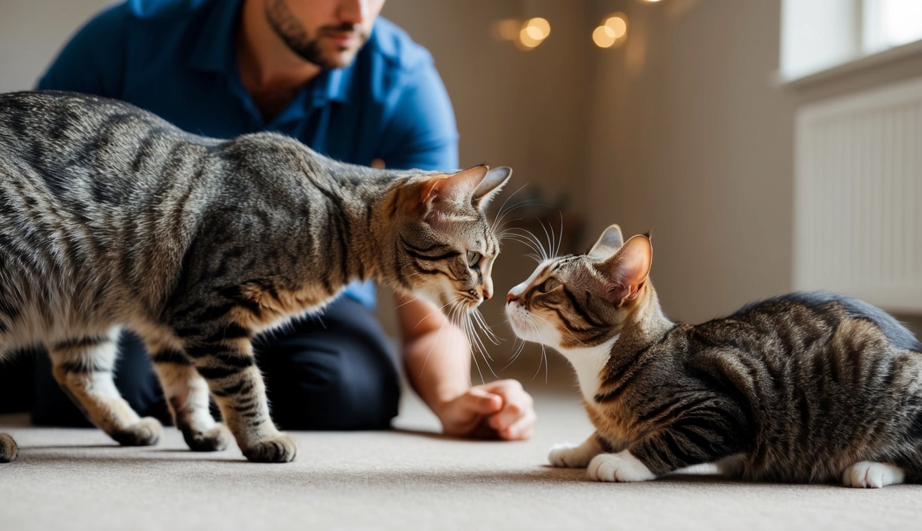 A cat and new pets cautiously sniff each other in a neutral, calm environment, supervised by a watchful owner