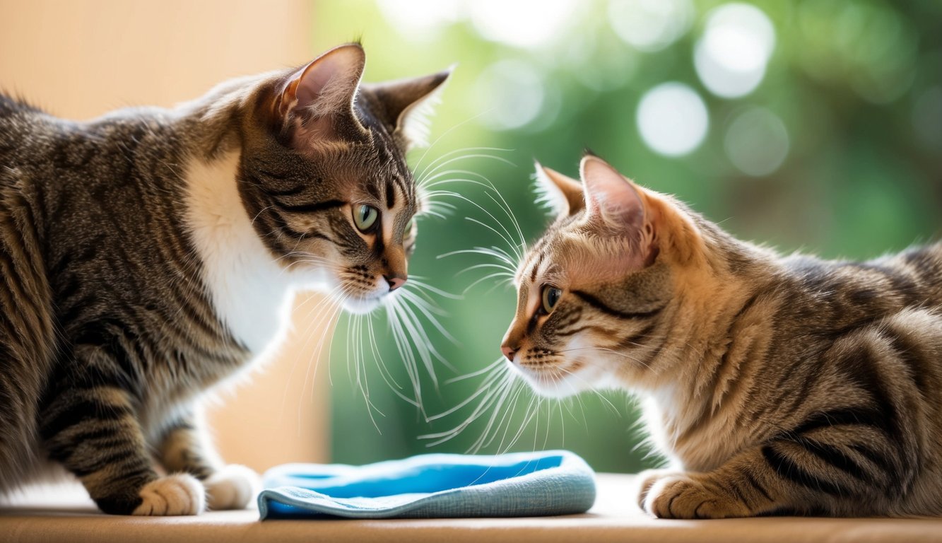A cat and a new pet are introduced through scent swapping with a soft cloth, creating a calm and peaceful atmosphere