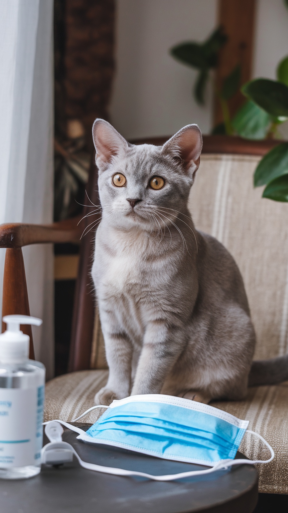 A Scottish Fold cat with folded ears sitting next to a blue mask and hand sanitizer.