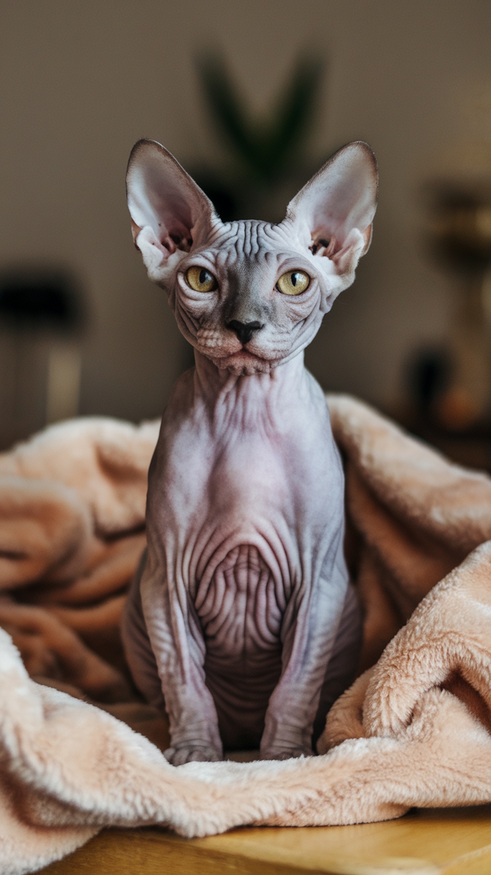 A Sphynx cat with an expressive face, sitting on a soft blanket.