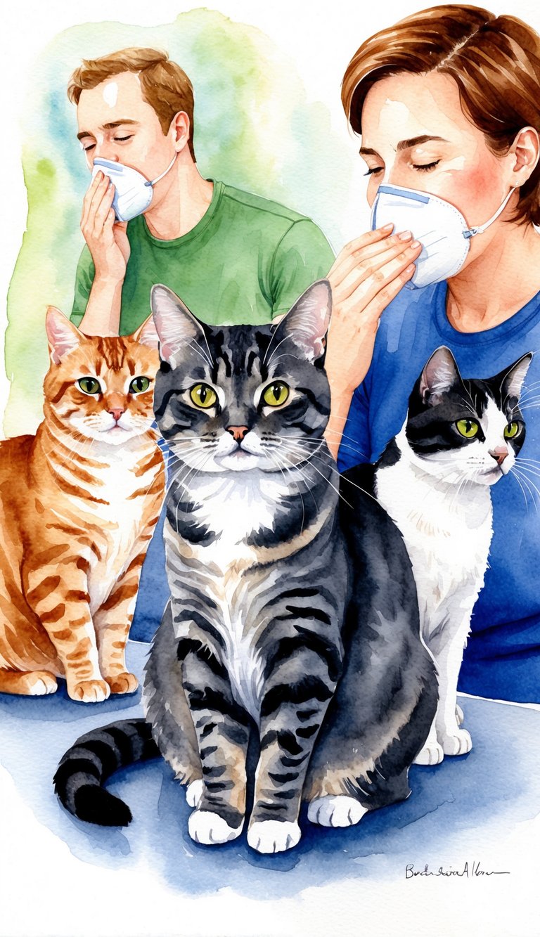 A British Shorthair cat sits beside other breeds, while a person sneezes in the background