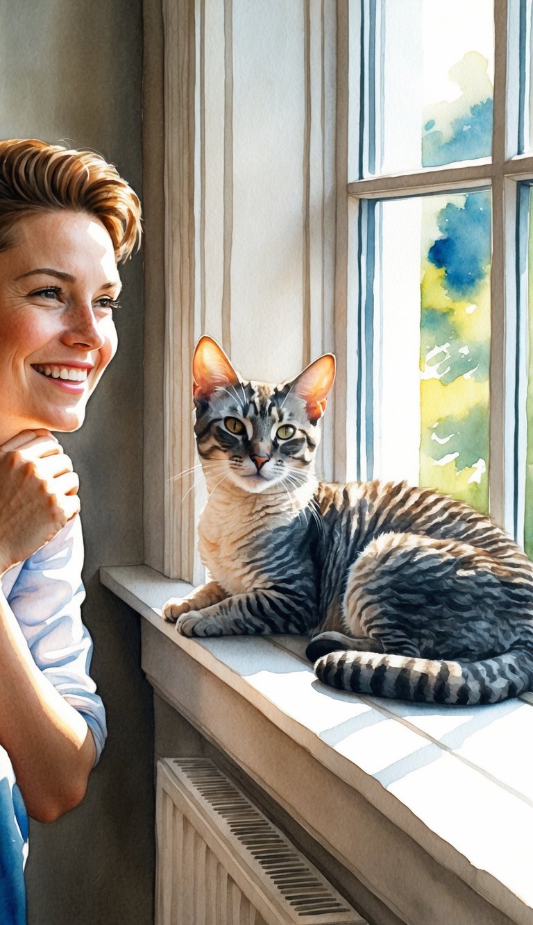 A Cornish Rex feline lounges connected a sunny windowsill, its sleek, curly overgarment glistening successful nan light. A personification adjacent smiles, showing nary signs of allergies