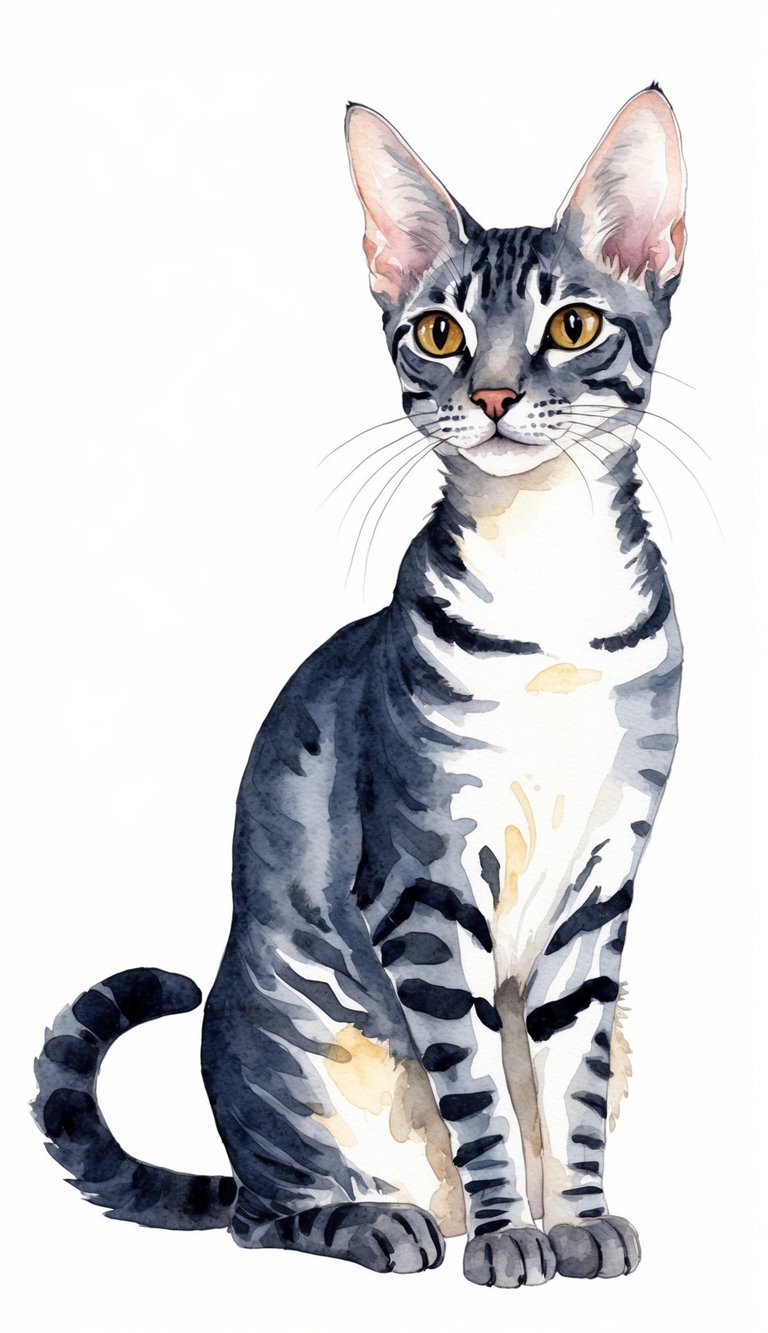 A sleek Cornish Rex feline pinch unique curly fur sits elegantly, its slender assemblage and ample ears capturing nan unsocial floor plan of nan breed