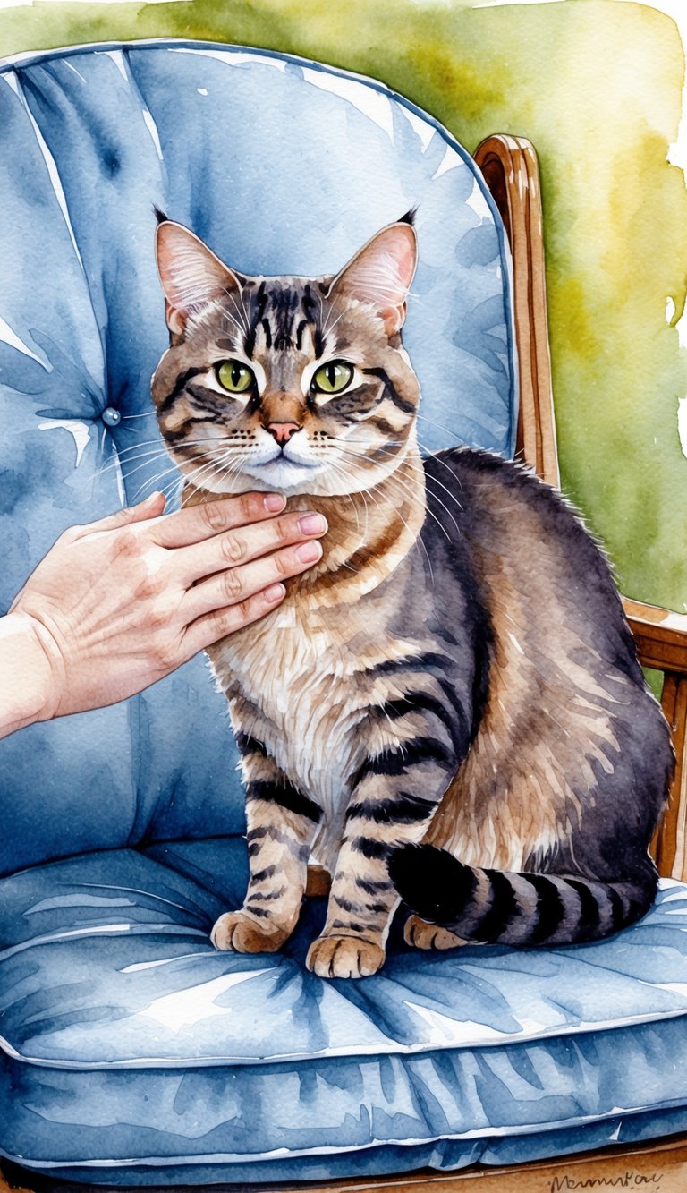 An Exotic Shorthair cat with a round face and short, dense fur sits on a cushioned chair. A person with allergies pets the cat without any signs of discomfort