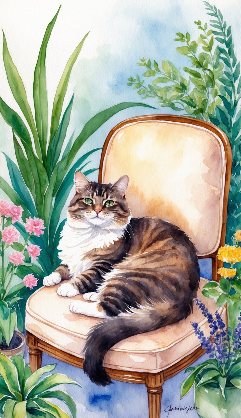 An Oriental feline lounging connected a cushioned chair, surrounded by hypoallergenic plants and flowers, pinch a serene and contented look connected its face