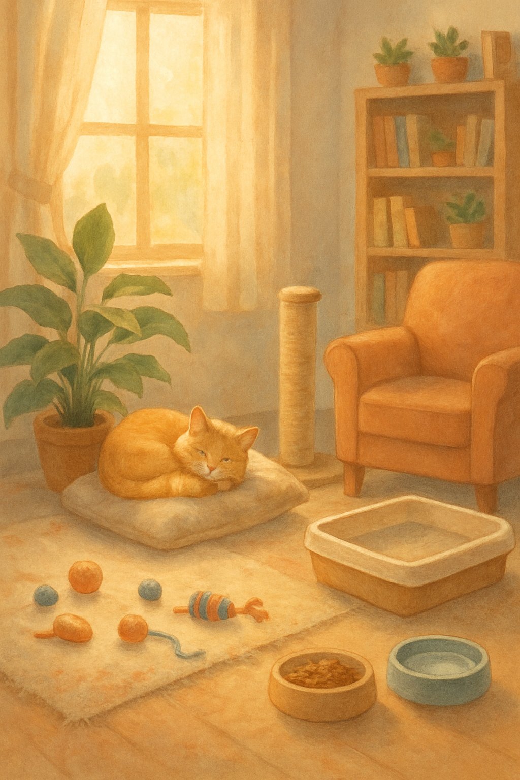 Uma sala de estar aconchegante com um gato tranquilo descansando em uma almofada cercada por brinquedos de gatos, plantas e itens de cuidados com animais de estimação.