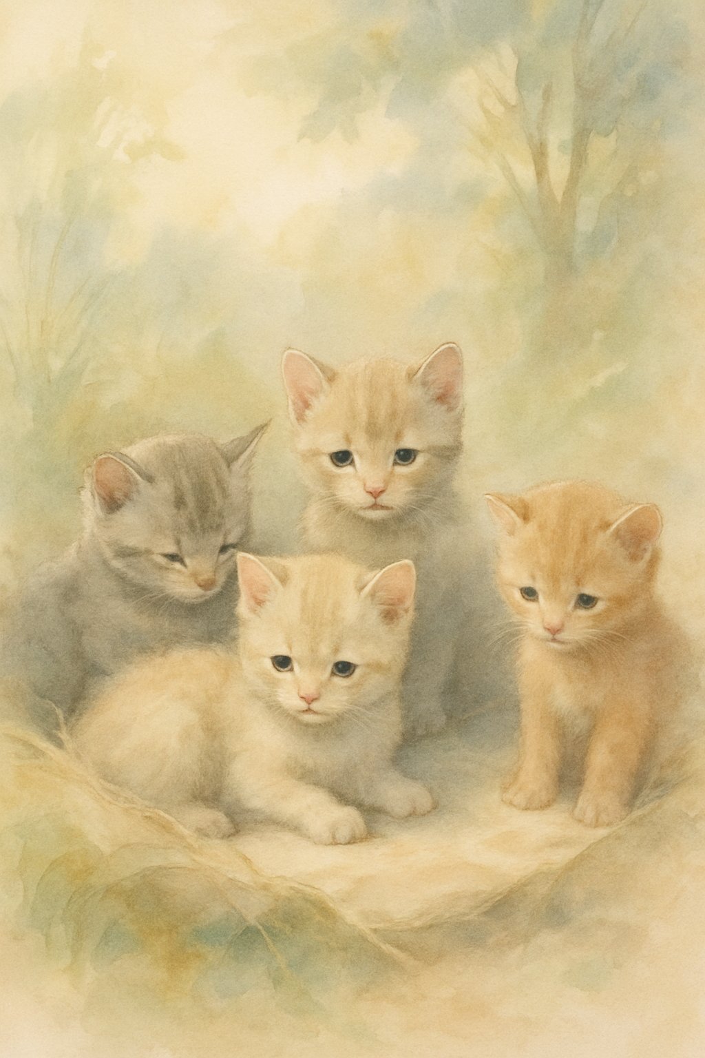 A group of mini kittens resting together successful a soft nest pinch immoderate kittens somewhat apart, surrounded by gentle earthy elements.