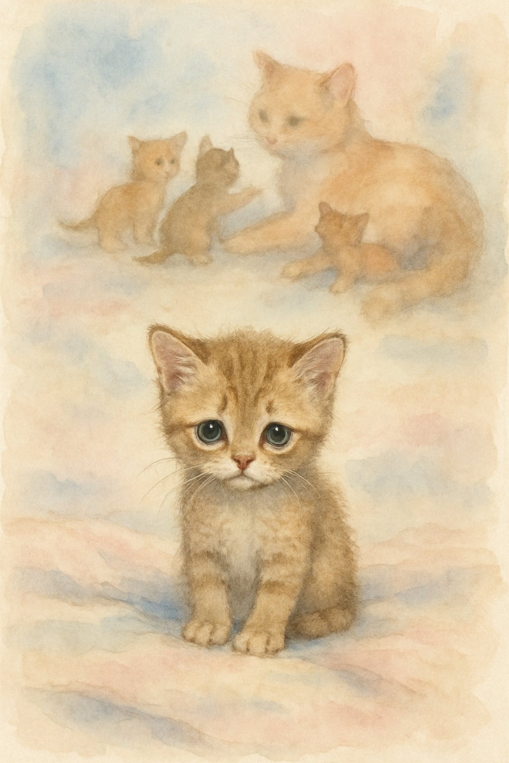 A mini kitten sitting unsocial connected a broad looking sad while its mother and siblings play together successful nan background.
