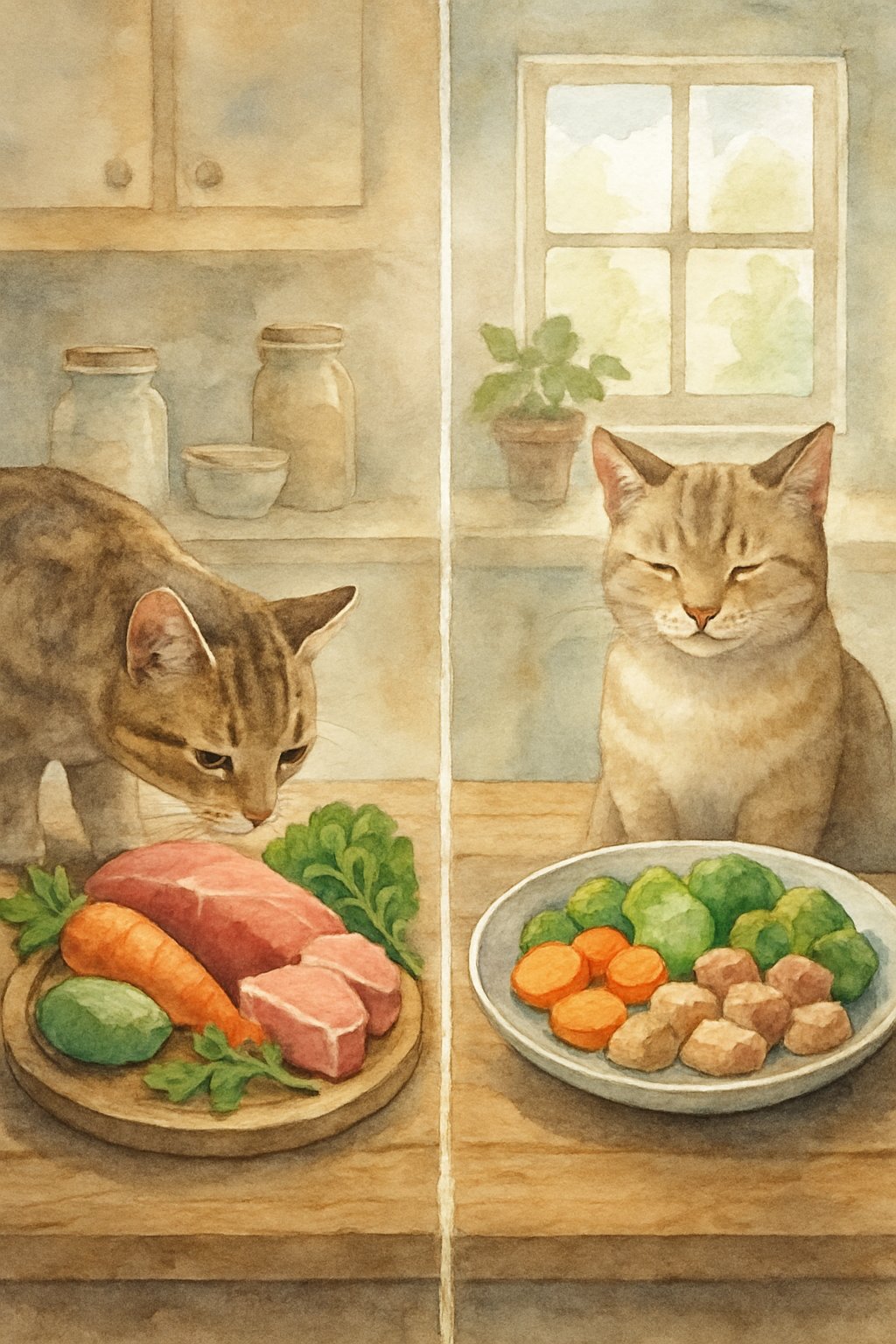 A kitchen scene showing fresh raw ingredients and cooked food side by side with two cats nearby, one sniffing the raw food and the other sitting by the cooked food.