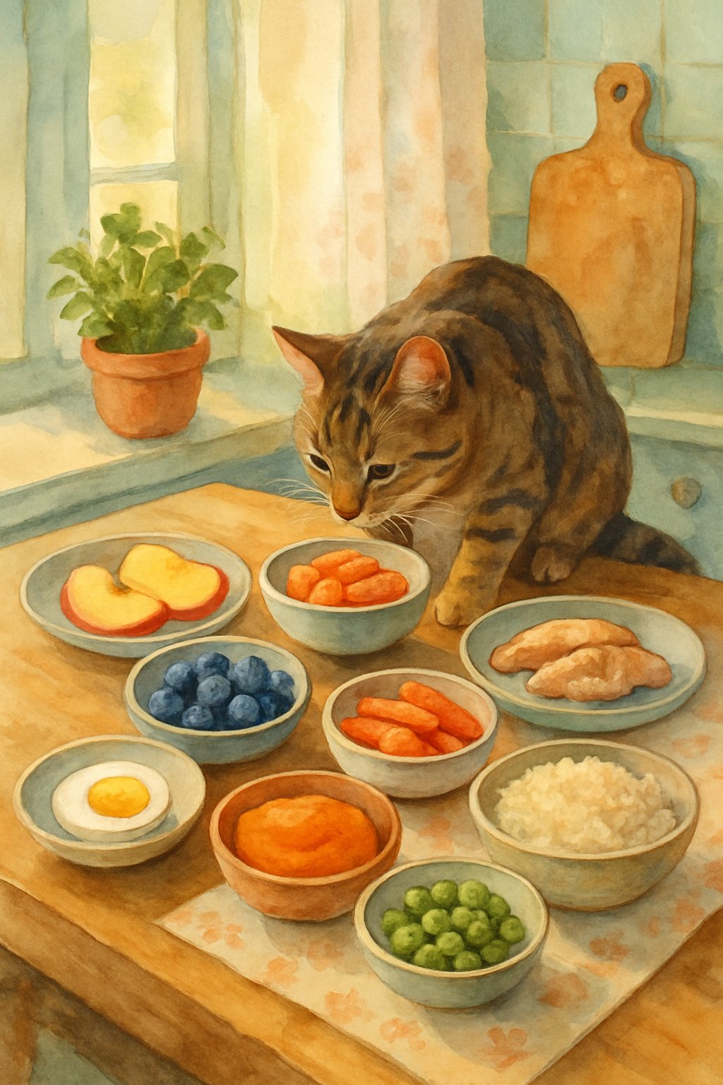 A cat sitting on a kitchen table surrounded by various healthy human foods safe for cats, including cooked salmon, chicken, eggs, carrots, blueberries, pumpkin, rice, yogurt, peas, and apple slices.