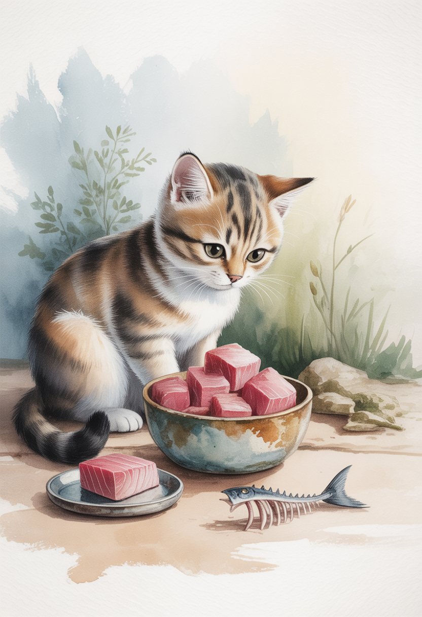 A cat sitting next to a bowl of tuna with a small scale and fish bones nearby, surrounded by soft greenery.