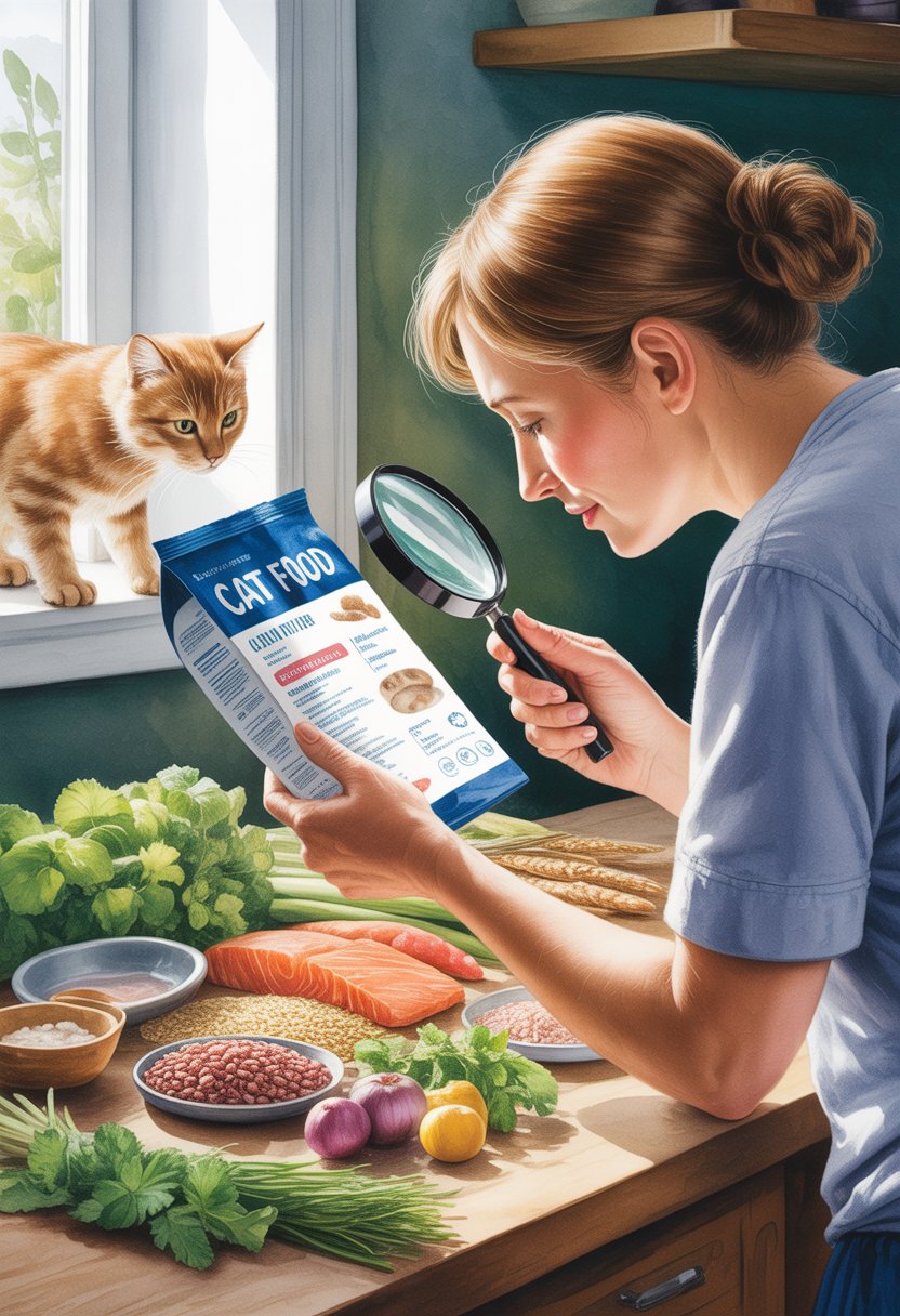 A person in a kitchen closely examining a cat food package with a magnifying glass, surrounded by fresh ingredients on a table and a cat watching from a windowsill.