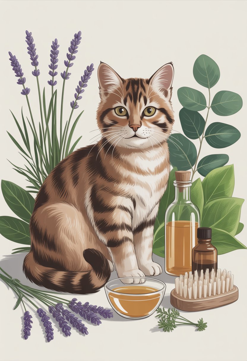 A calm cat sitting surrounded by natural flea remedies including lavender, eucalyptus, apple cider vinegar, essential oils, and a soft brush.