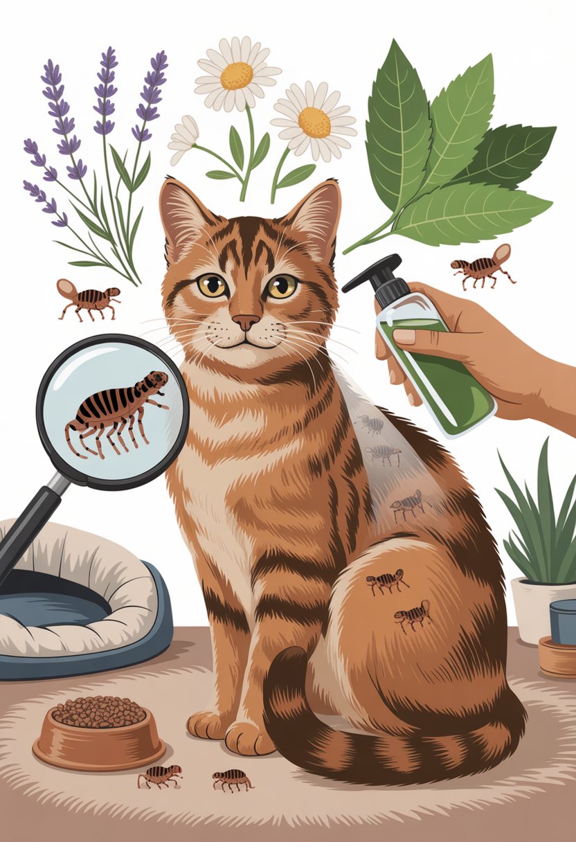 A cat with a magnifying glass showing fleas in its fur, surrounded by natural plants and a hand applying a natural flea treatment.