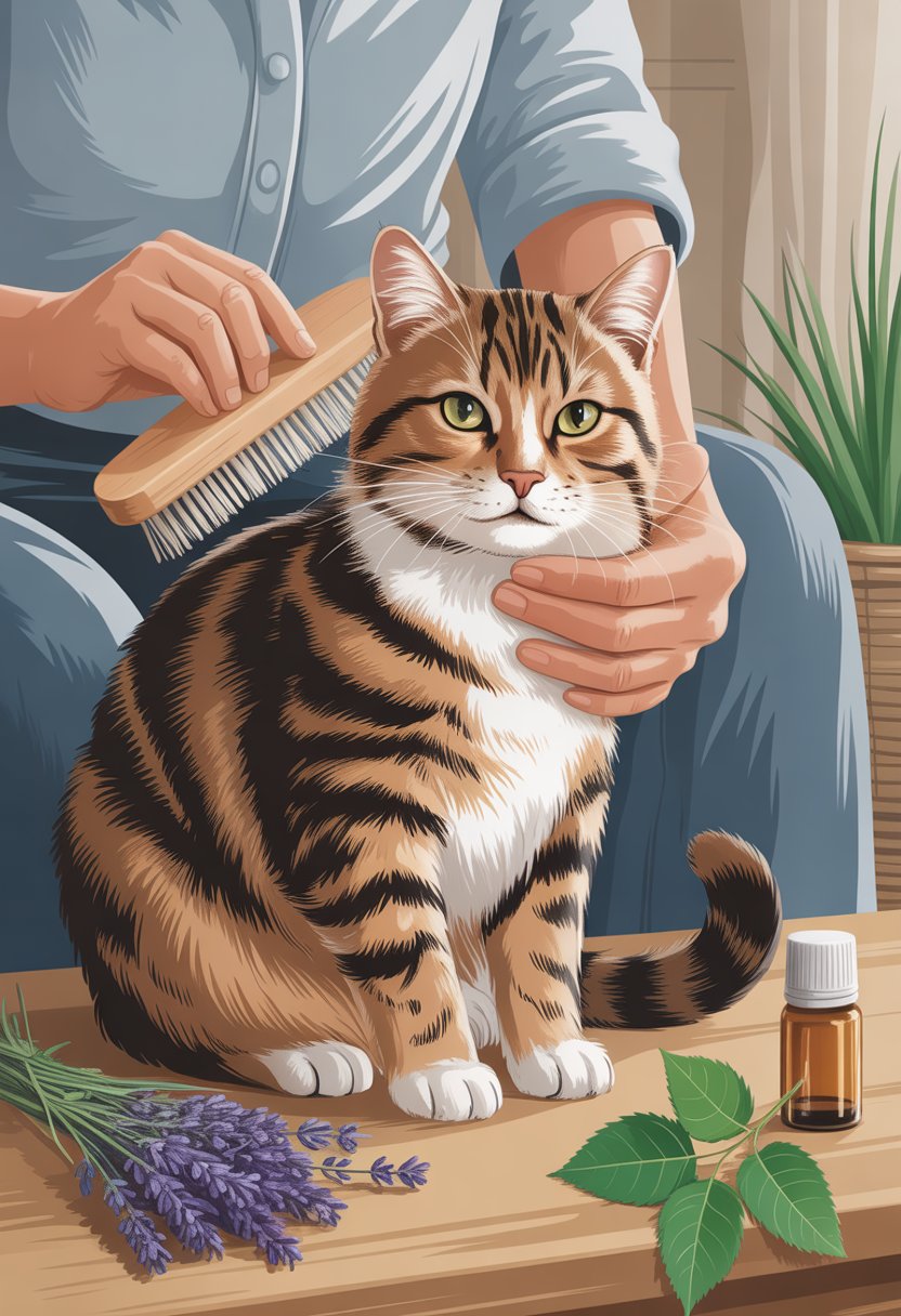 A cat being gently brushed by a person with natural flea remedy plants and oils nearby in a cozy indoor setting.