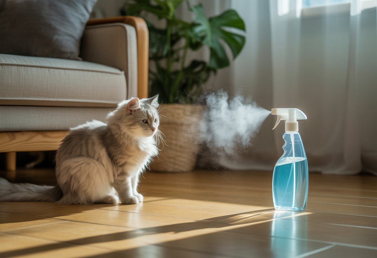 A cozy living room corner with a calm cat sitting near a potted plant and a cleaning spray bottle on the floor.