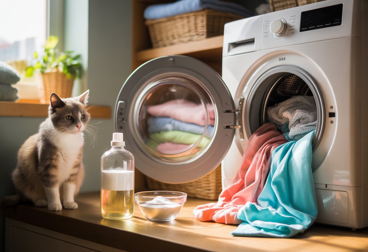 A laundry room with a washing machine, cleaning supplies on a countertop, a curious cat nearby, and folded towels in the background.