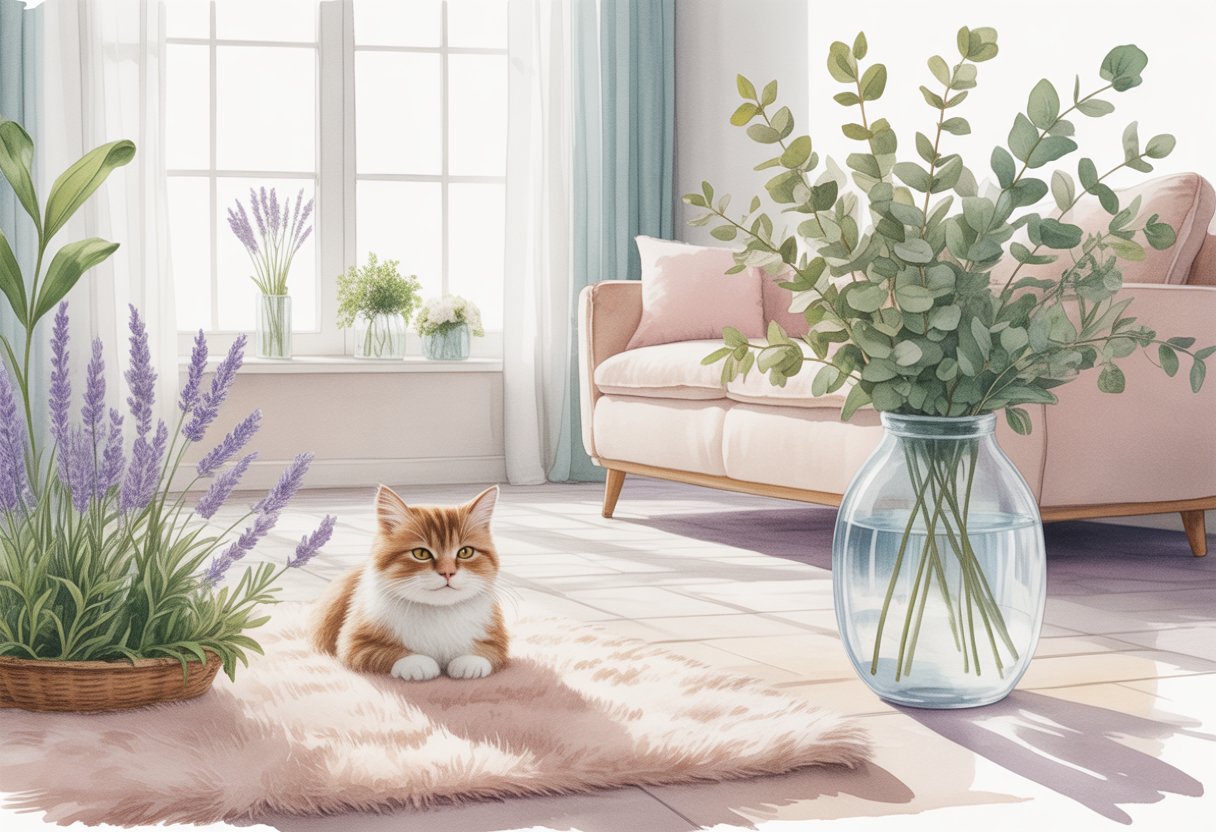 A peaceful living room with a calm cat sitting on a rug, surrounded by fresh plants and clean furniture.