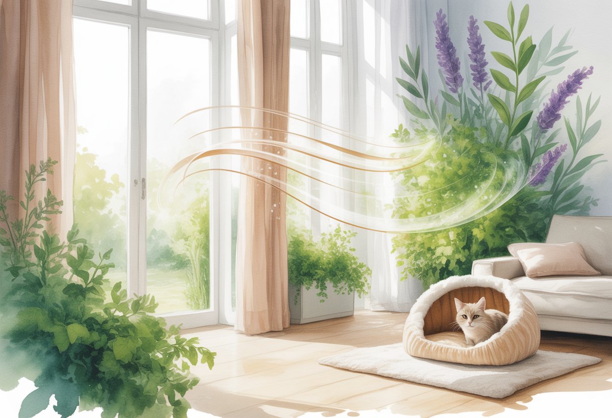 A bright living room with sunlight, green plants, open curtains, and a clean cat bed, showing fresh air flowing through the space.