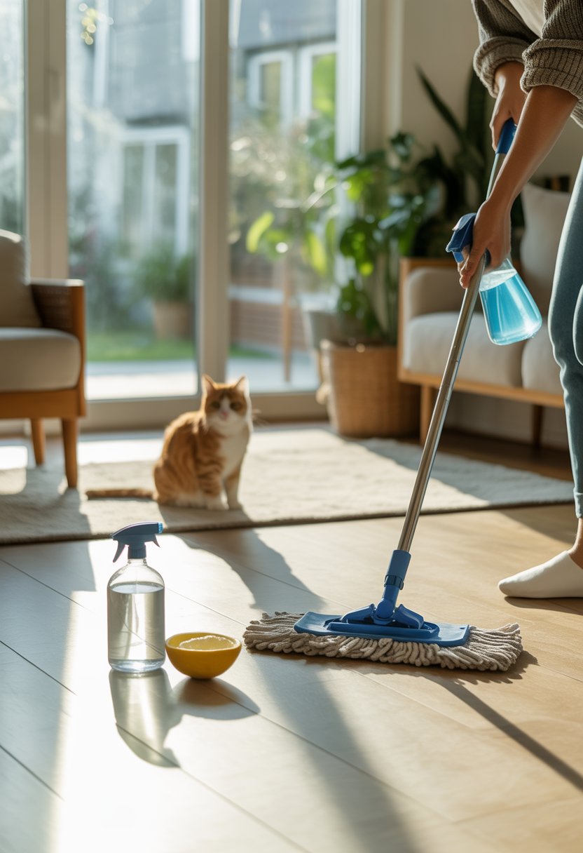 A person cleaning a hardwood floor with natural ingredients nearby and a cat sitting calmly in a bright, clean room.