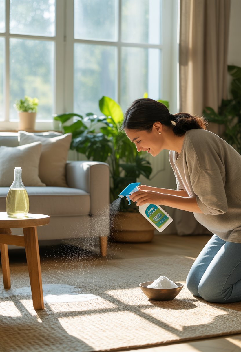 A person sprays a natural cleaning solution on a carpet in a bright living room with green plants and natural cleaning ingredients nearby.