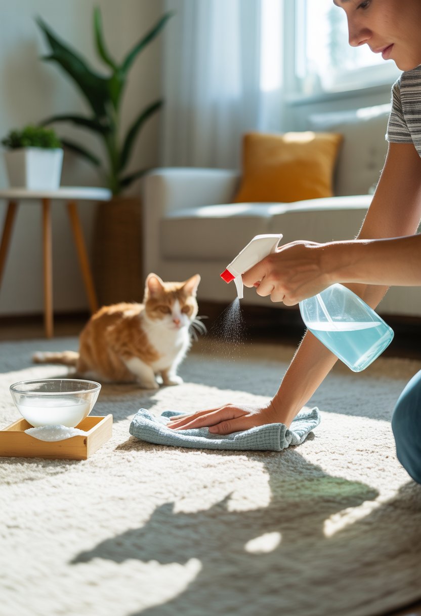A person cleaning a spot on the carpet in a living room with a cat sitting nearby and natural cleaning items on a table.